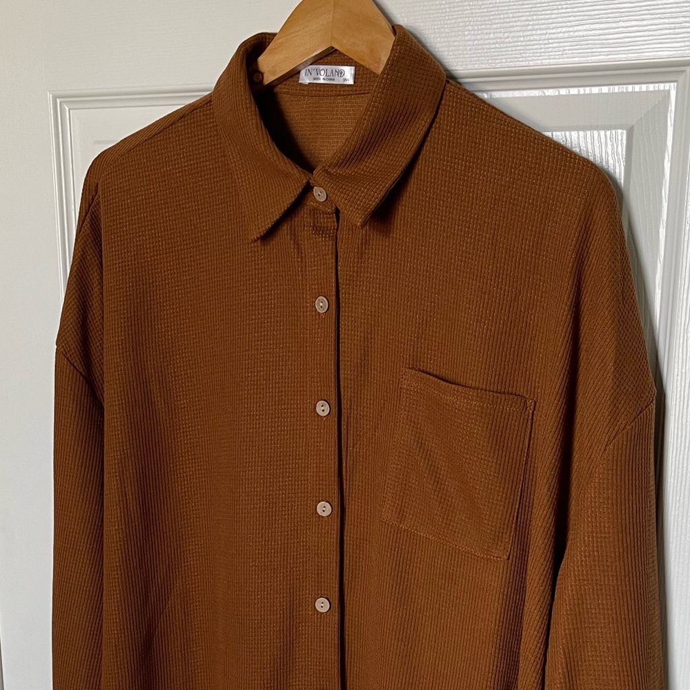 📍SOLD Comfy Waffle Knit Button-Up Shirt - Terracotta